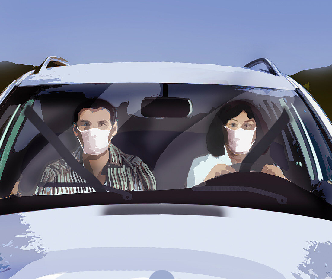 Couple wearing masks in a car, illustration