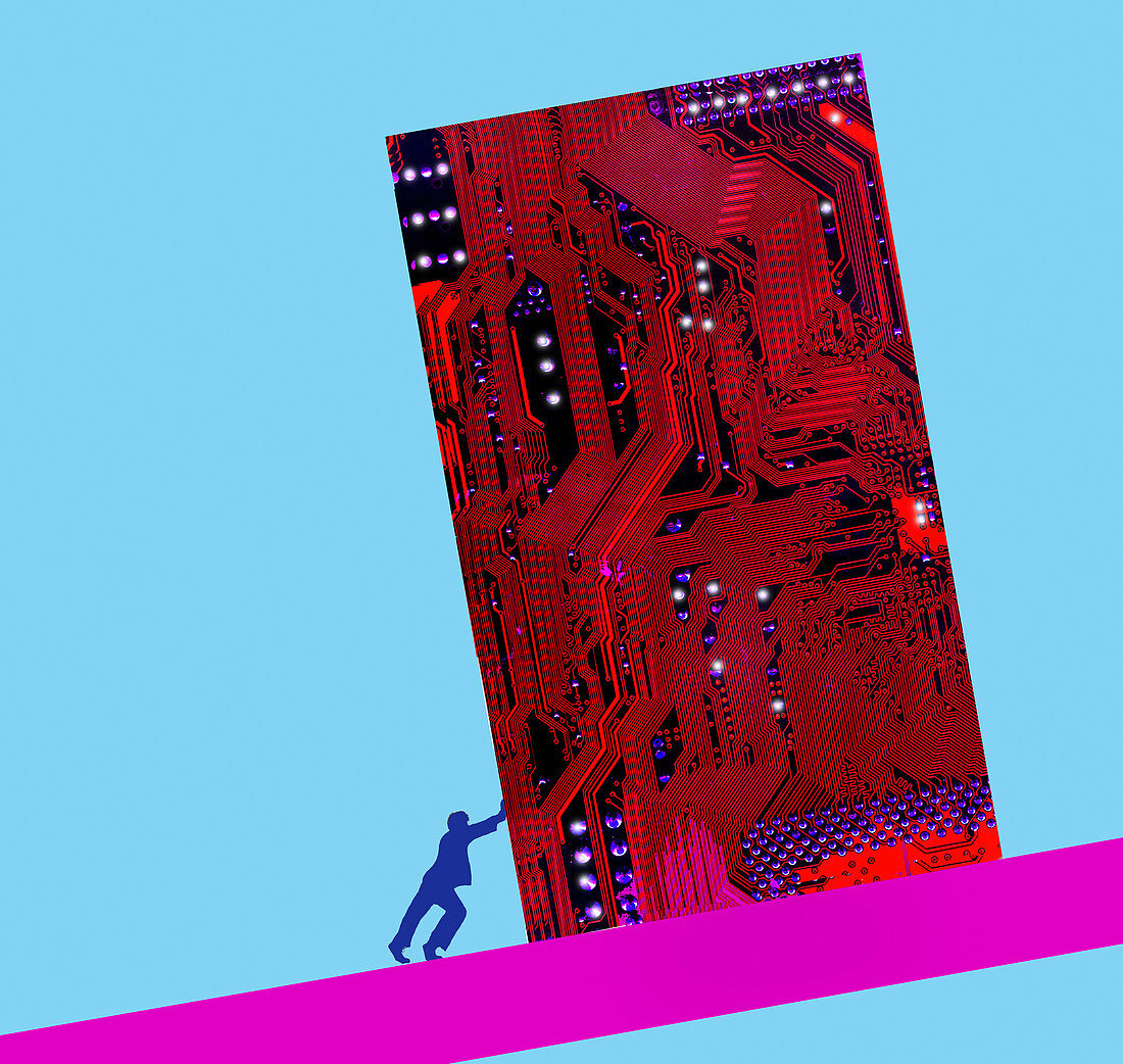 Man pushing circuit board uphill, illustration