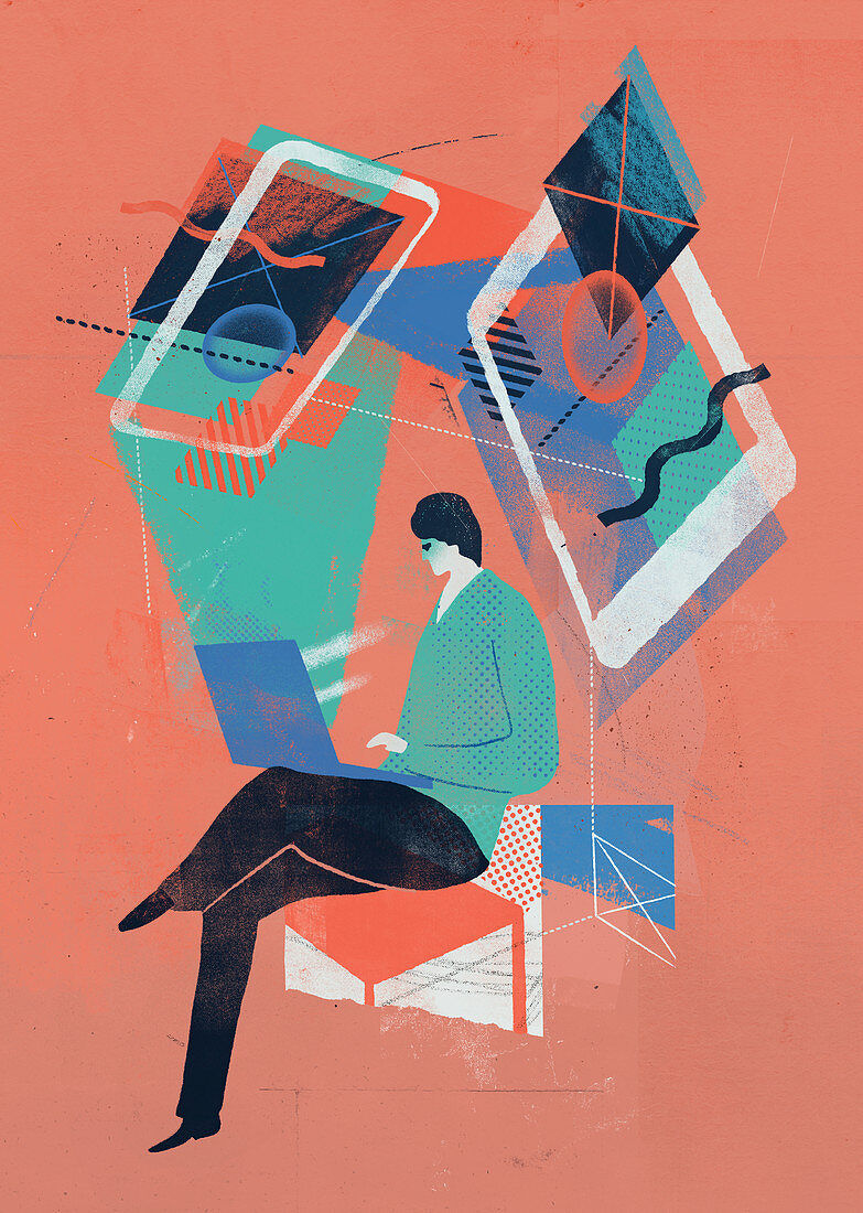 Man working on a laptop, illustration