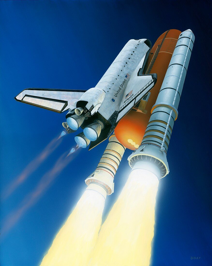 Space shuttle Atlantis lifting off, illustration