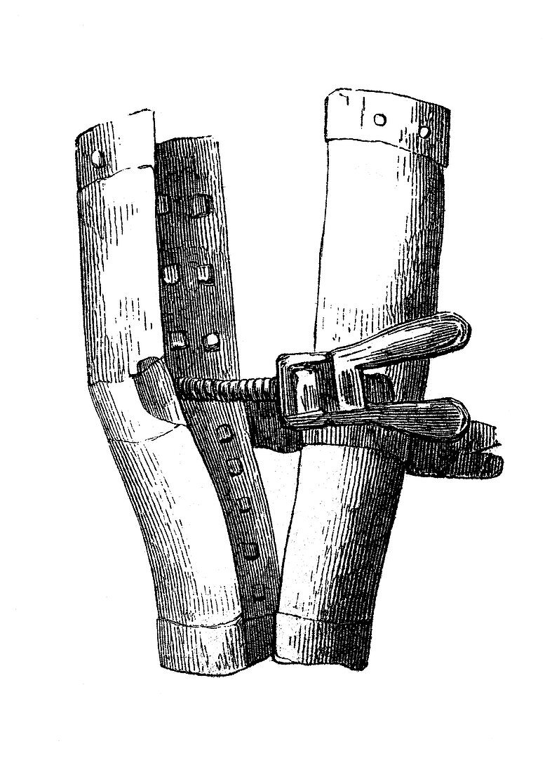 Spanish boot, torture instrument, 19th century illustration