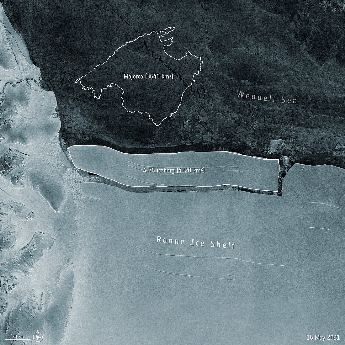 A-76 iceberg calving from Ronne Ice Shelf, satellite image