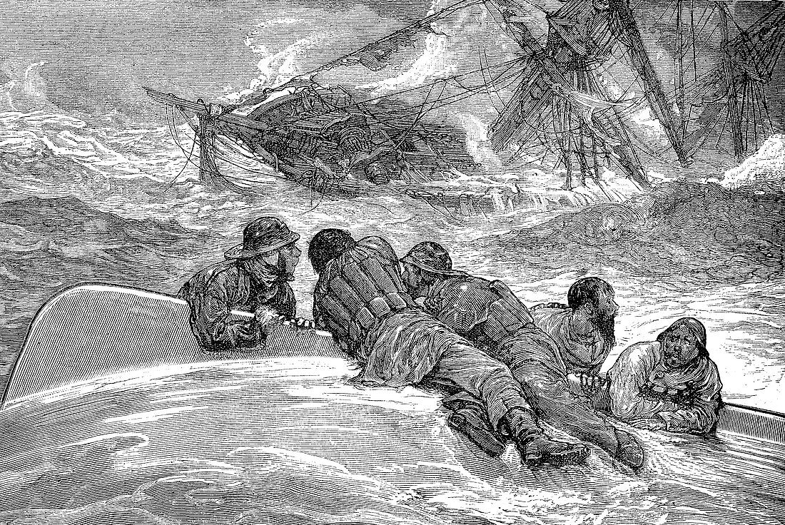 Shipwrecked men escaping from capsized boat, illustration