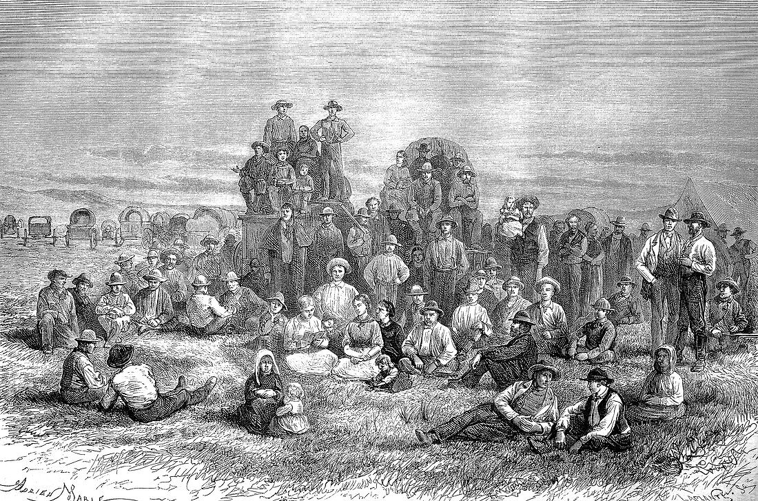 Group of Mormons heading west, 19th century illustration