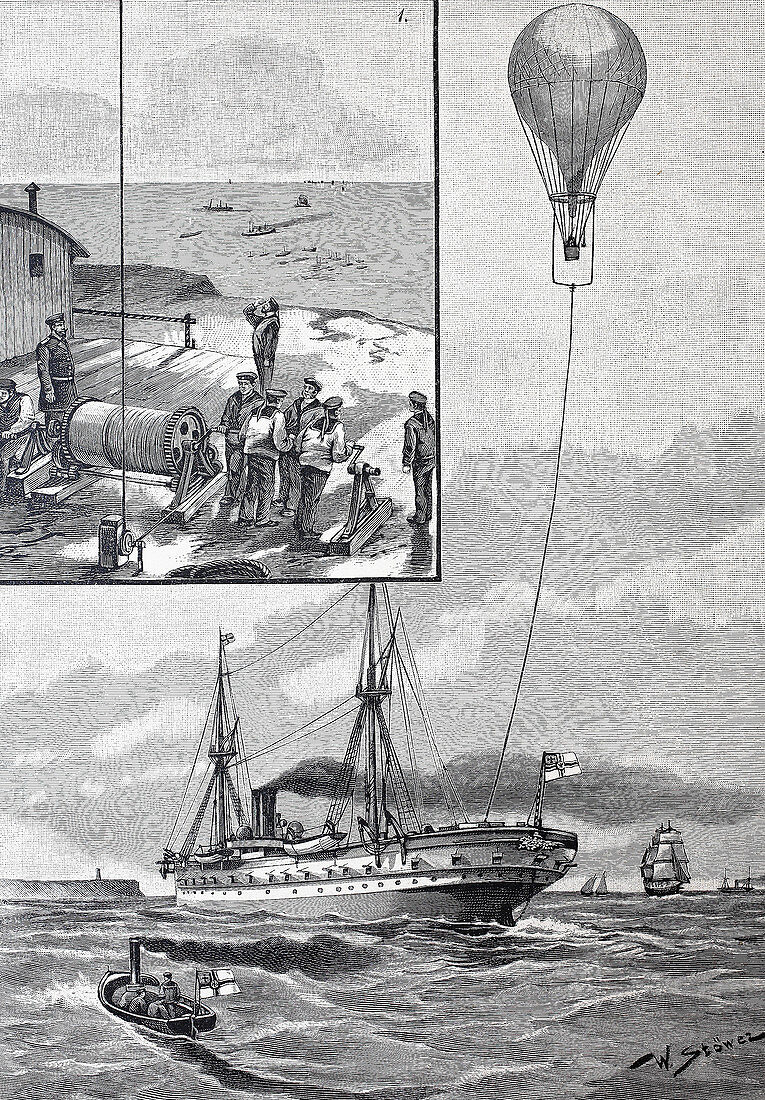 Balloon trials at sea, Germany, 19th century illustration