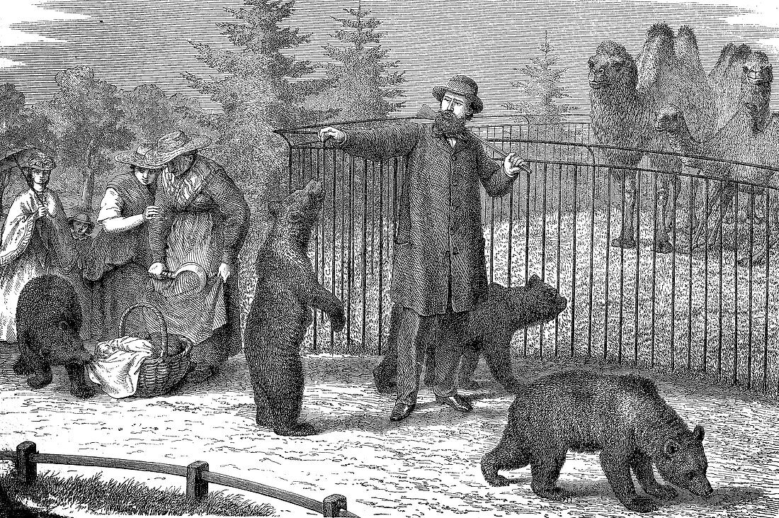 People walking through a zoo, 19th century illustration