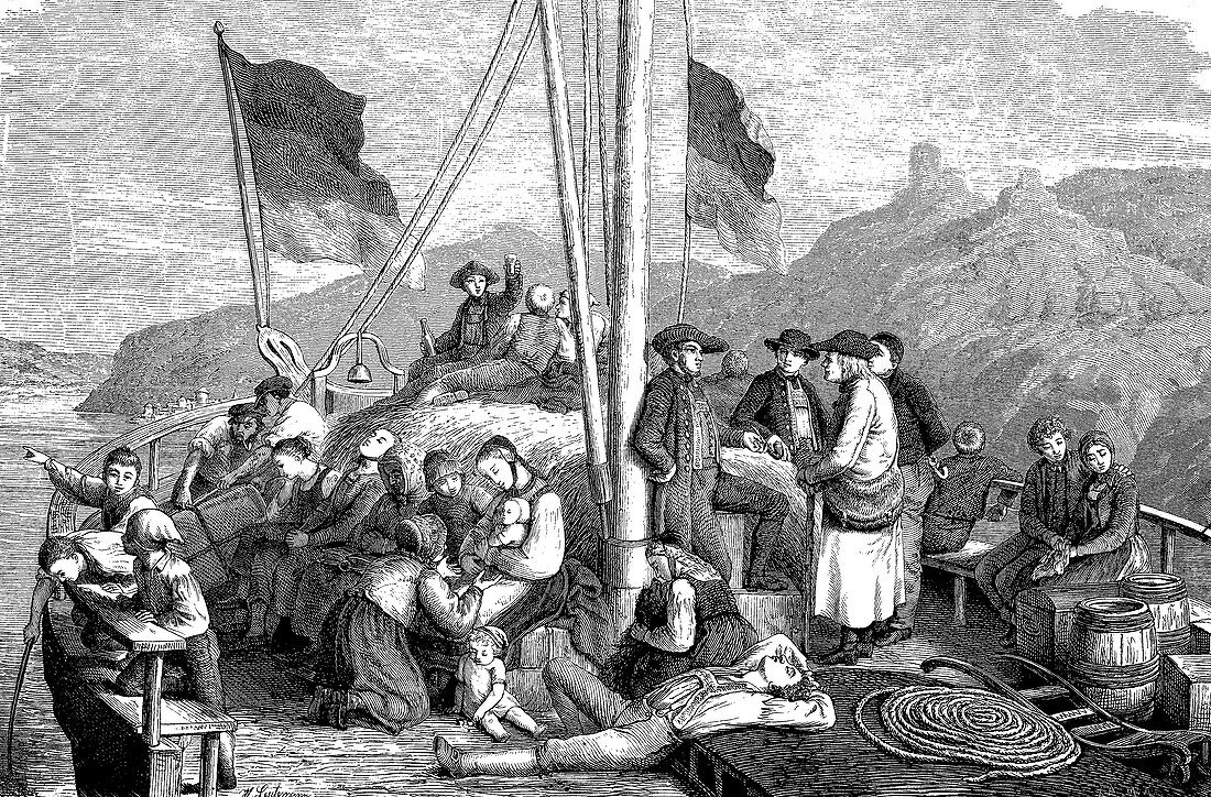 Emigrants on a boat on the Rhine, 19th century illustration