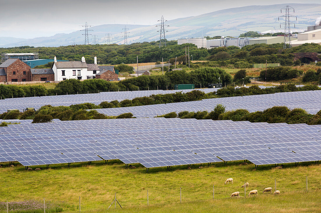 Solar farm and wind turbines, Barrow-in-Furness, England