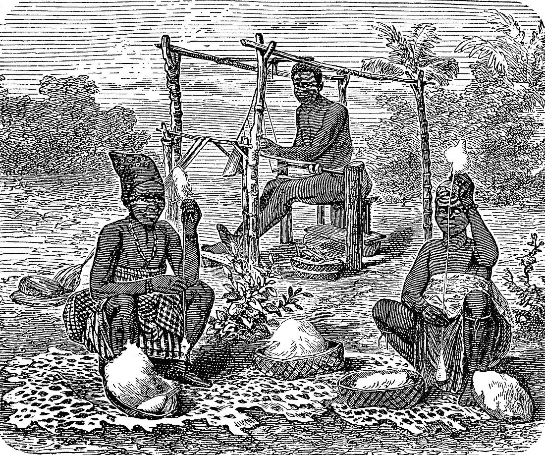 Women from the Ashanti tribe weaving, illustration
