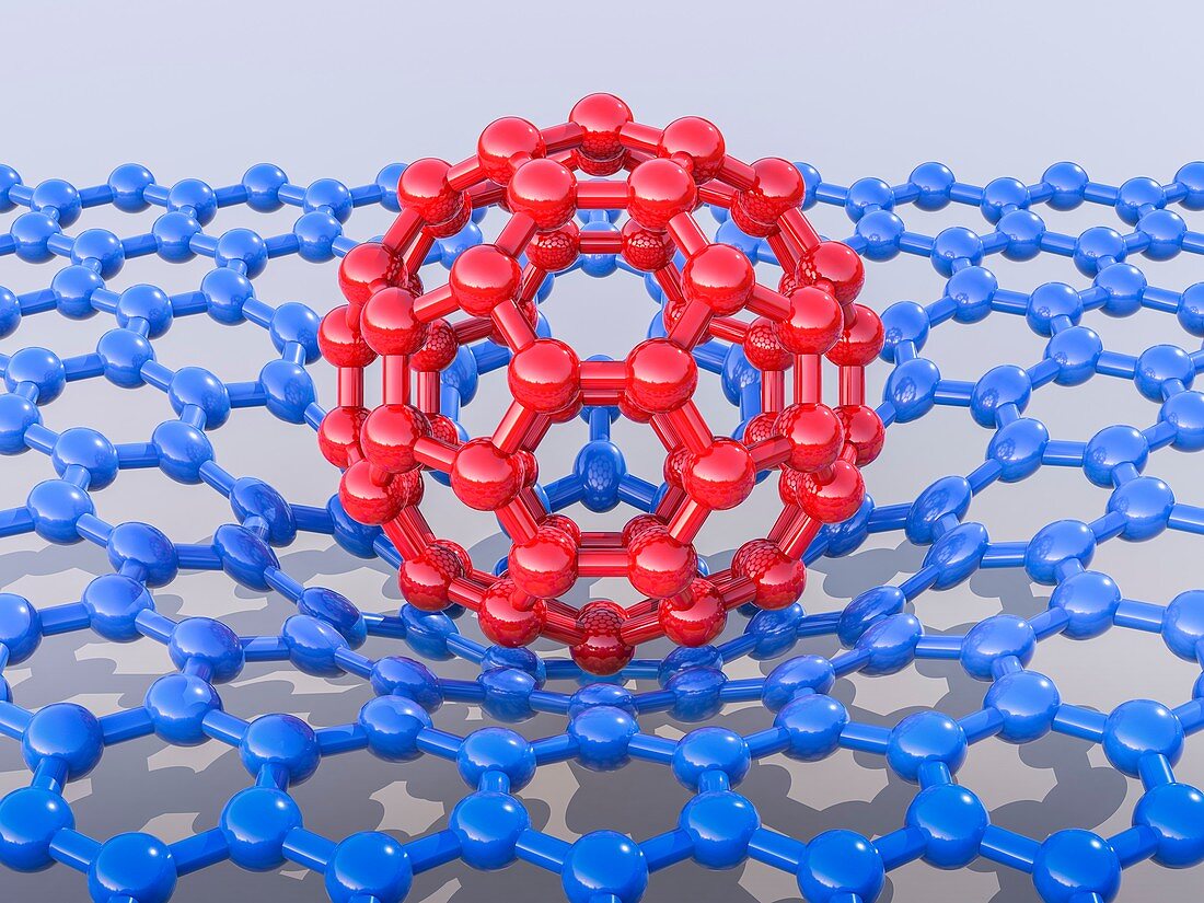 Buckyball C60 molecule and graphene sheet, illustration