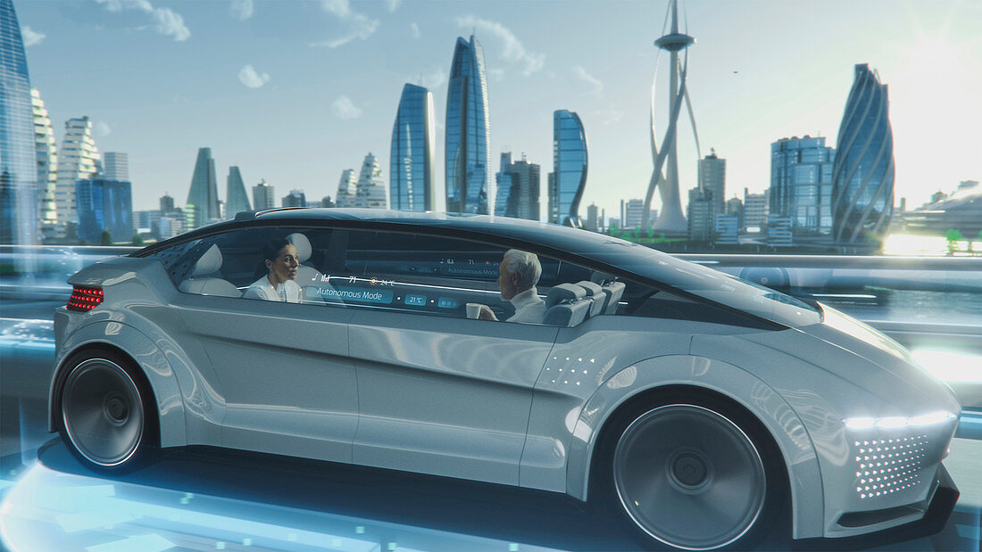Woman and man talking in a driverless car