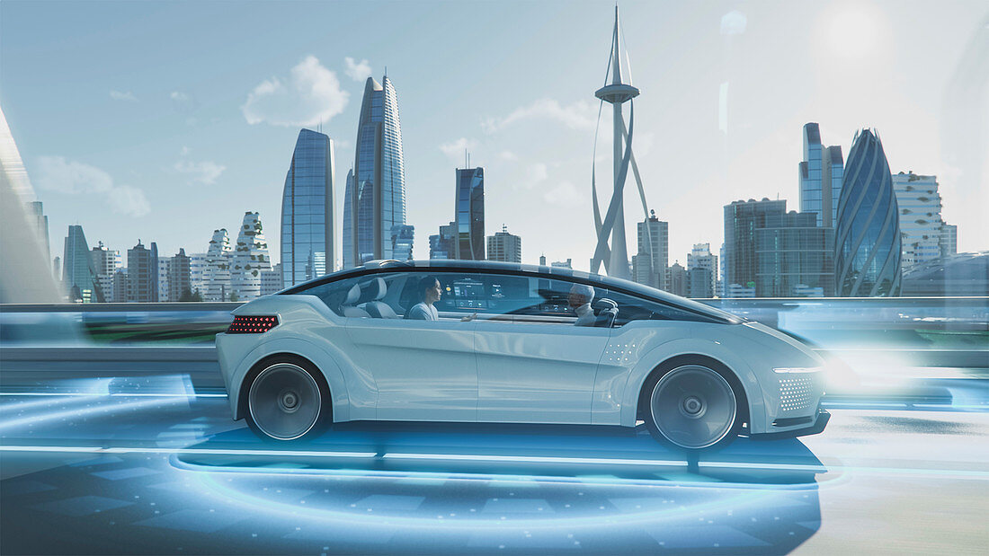 Man and woman talking in a driverless car