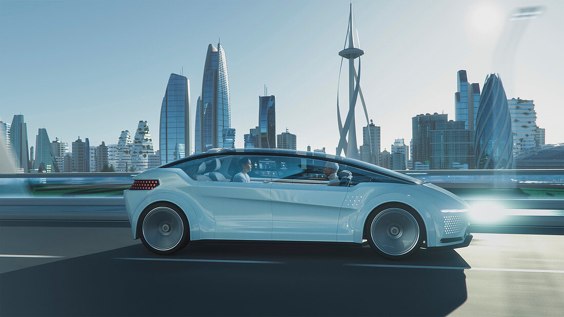 Man and woman talking in a driverless car