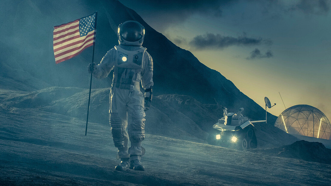 Astronaut walking with a US flag on an alien planet