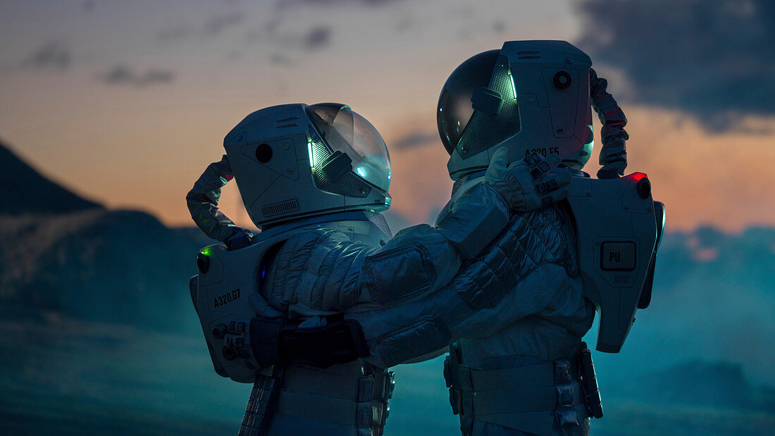 Two astronauts hugging on alien planet