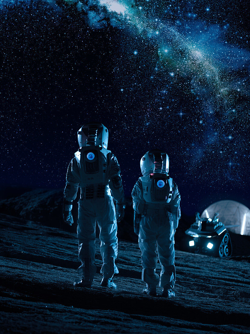 Two astronauts looking at the stars from an alien planet