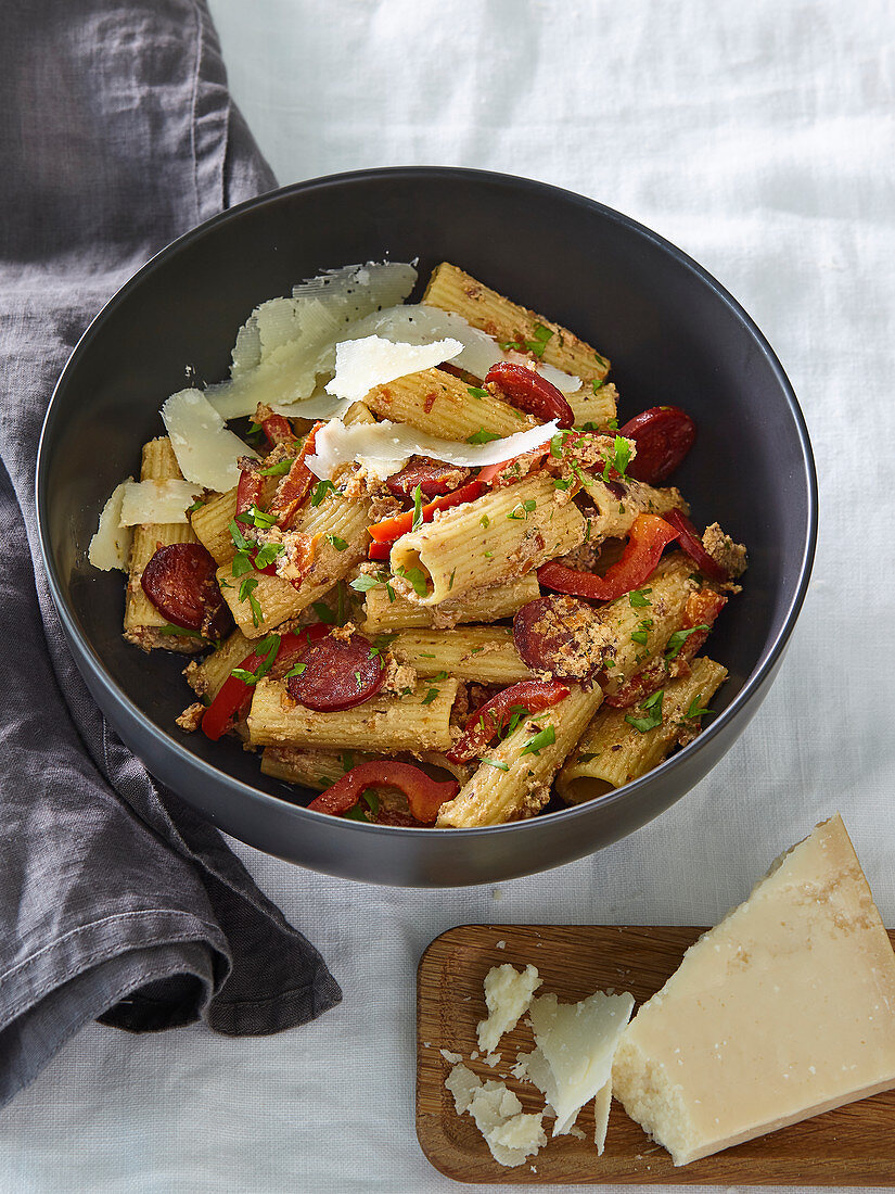 Pasta with sicilian pesto and spicy sausages Chorizo