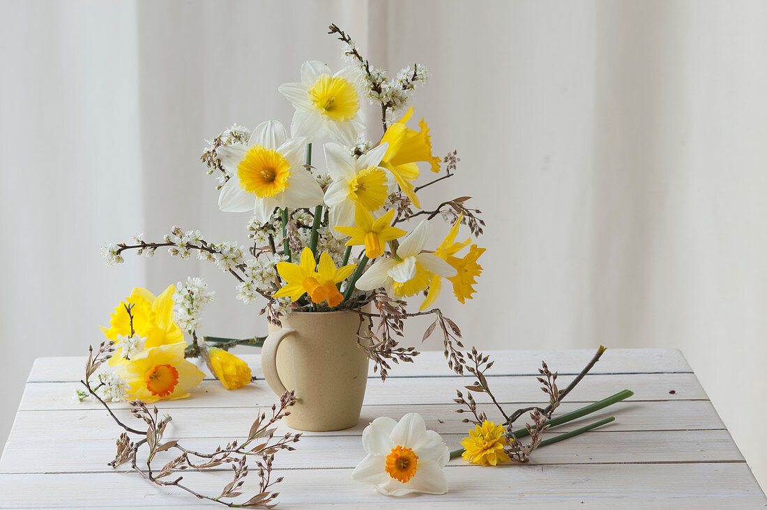 Spring bouquet of daffodils and branches of Shadbush and sloe