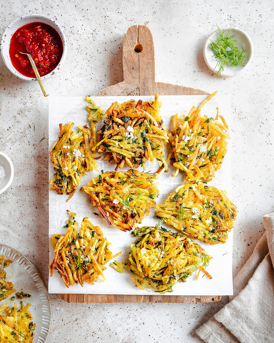 Moroccan Spiced Hashbrowns on a Wood Board, with Harissa and Dill