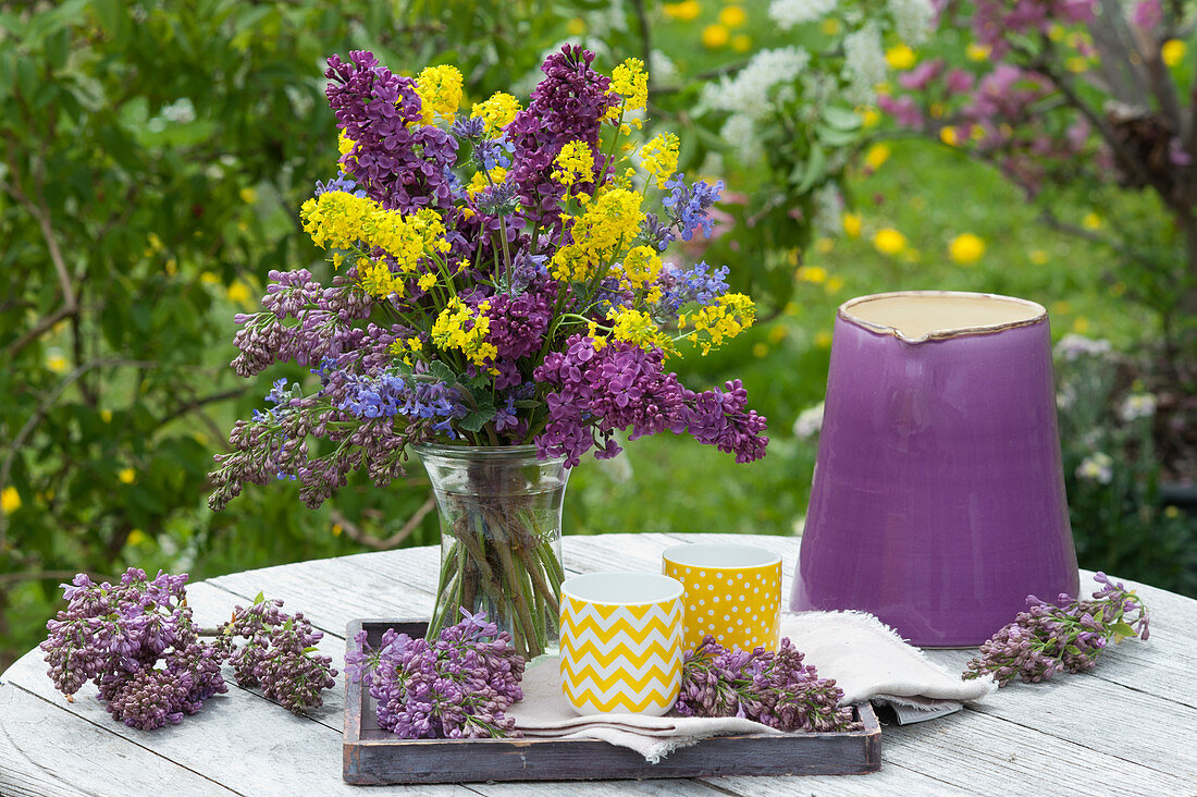 Bouquet made from lilac, Yellow rocketcress, and catnip