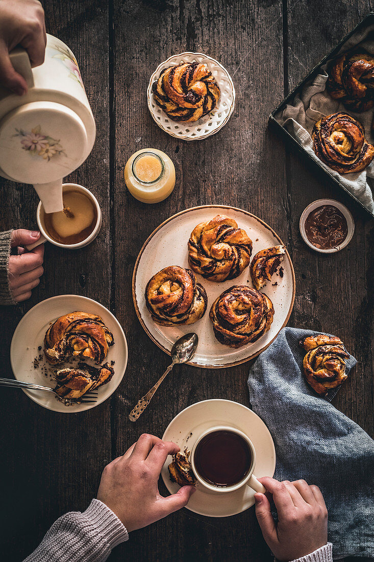 Chocolate babka knots breakfast scene