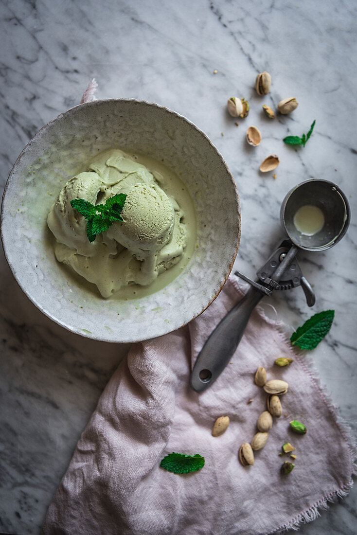 Pistachio Ice Cream with scoop in a rustic bowl