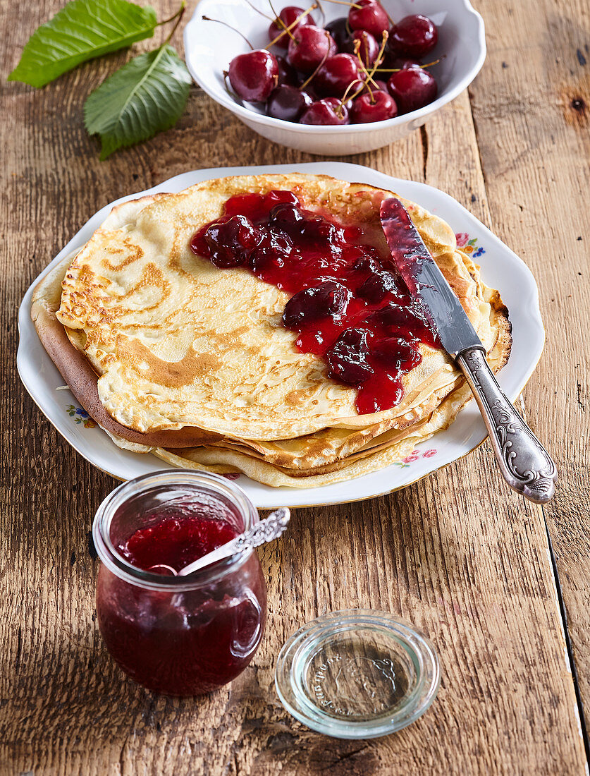 Pancakes with sour cherry jam