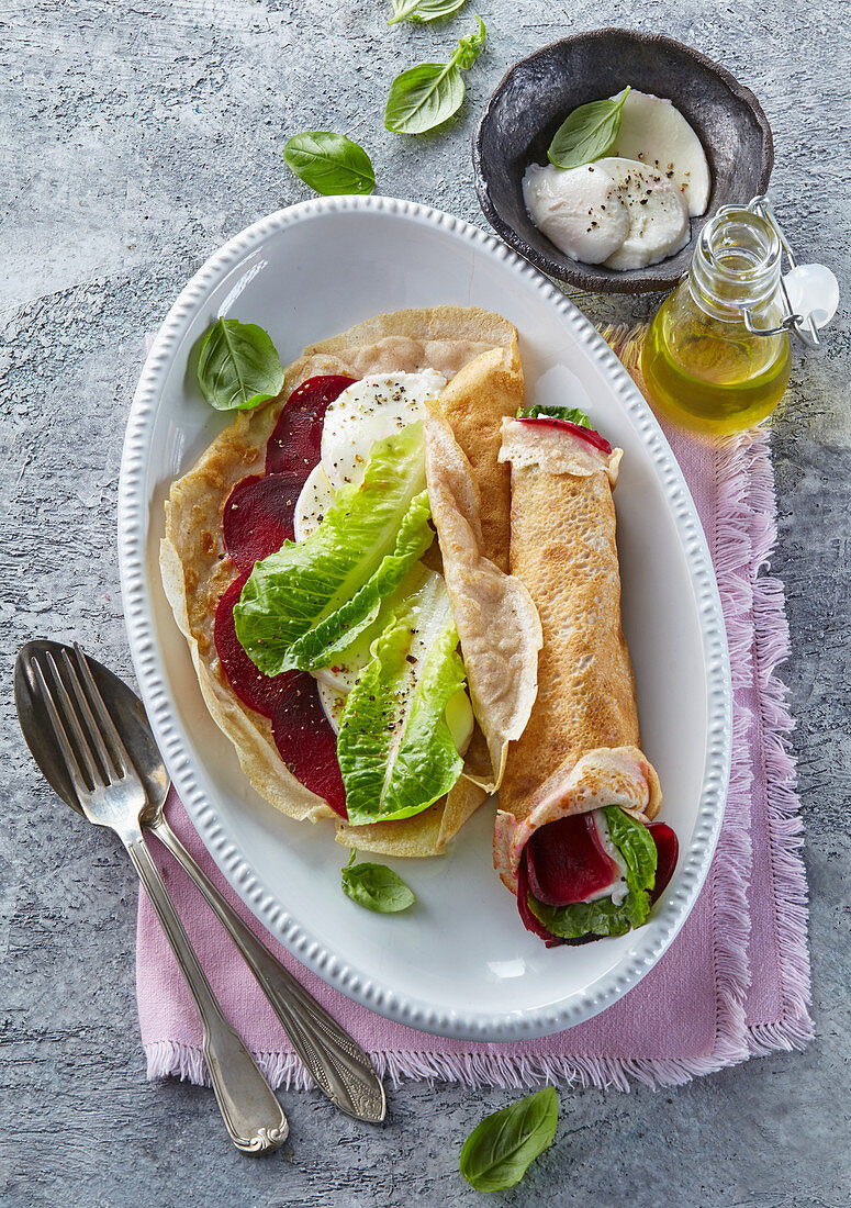 Pancakes with baked beetroot and mozzarella