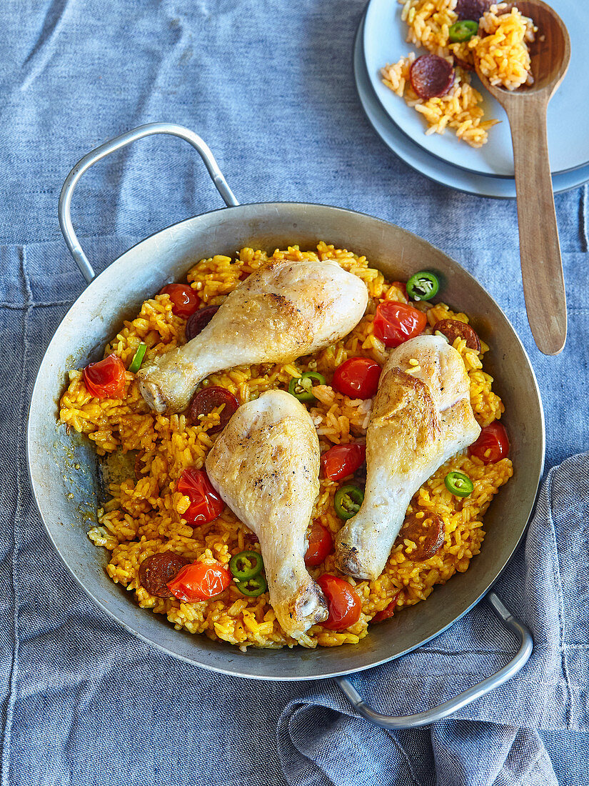 Paella with chicken and chorizo sausage