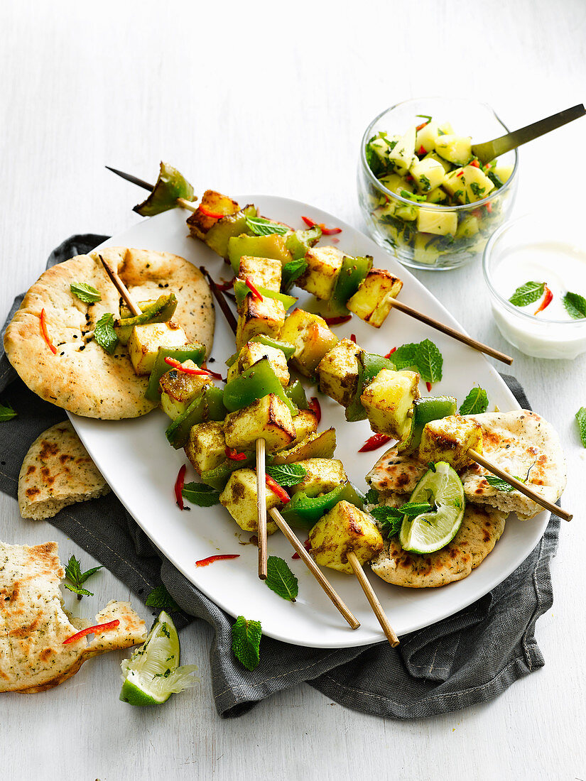 Spiced paneer skewers with mango, chilli and mint salsa