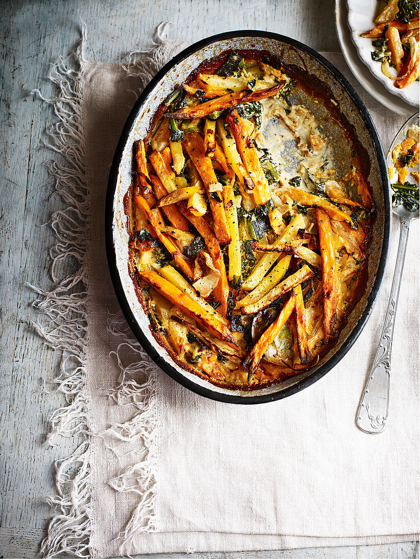 Swede, kale and sweet potato gratin