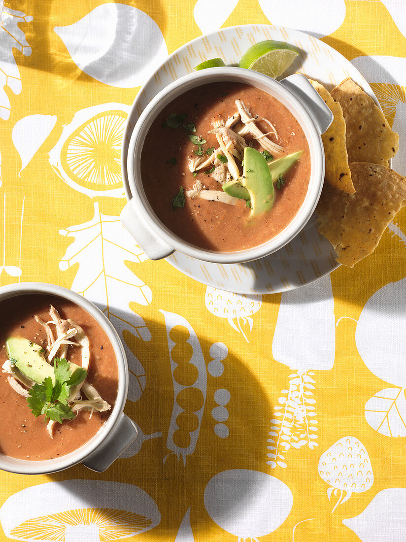 Mexikanische Suppe mit Hähnchenfleisch, Avocado und Tortilla
