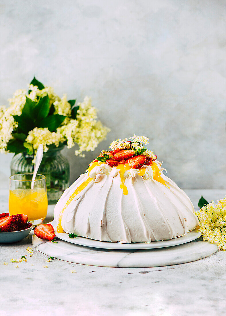 Elderflower Pavlova with Strawberries and Lemon Curd