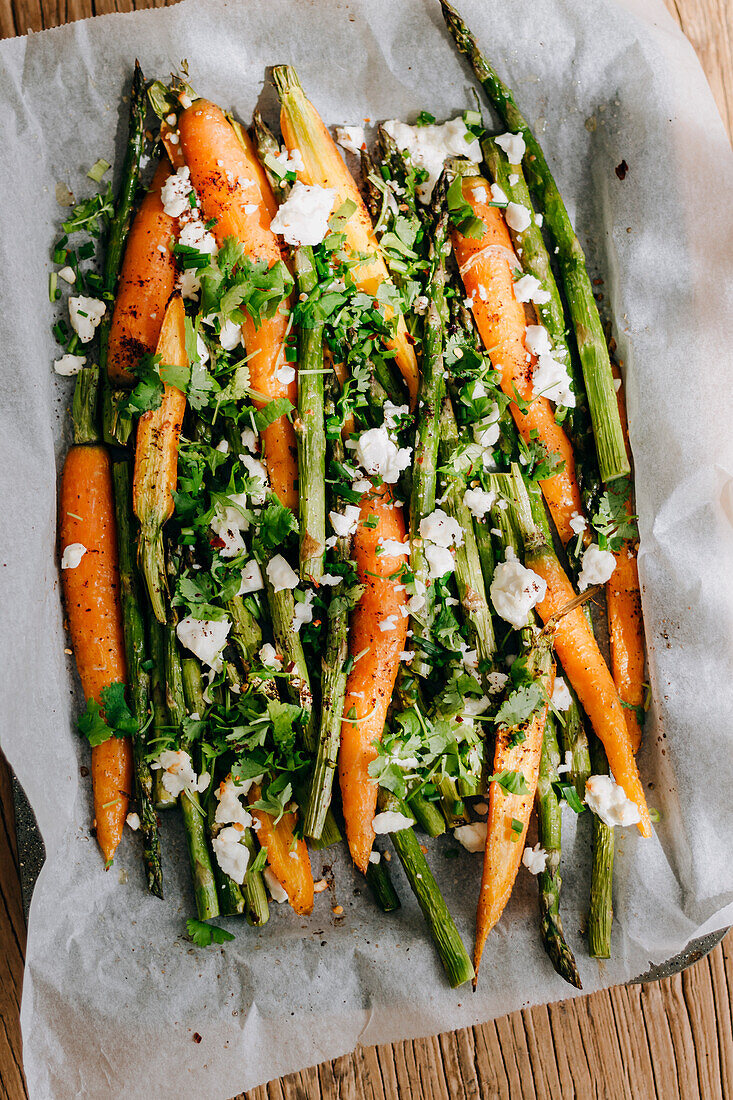 Roasted carrots and asparagus with Feta
