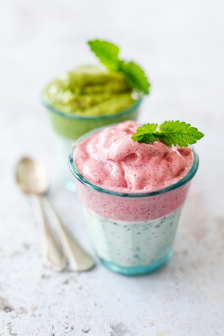 Coconut chia pudding with matcha and hibiscus nice cream (vegan)