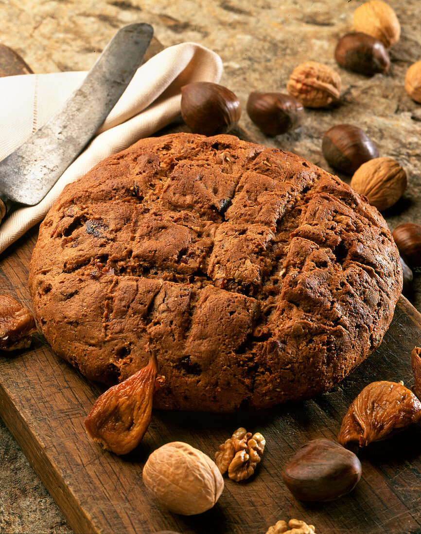 Pandolce (Italian sweet bread) with chestnuts, figs, and walnuts