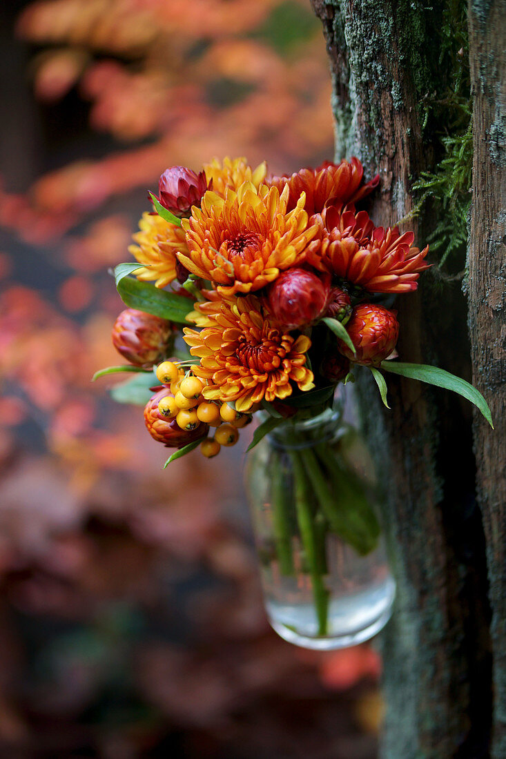 Chrysanthemums and everlasting flower buds in small bottle hanging from tree