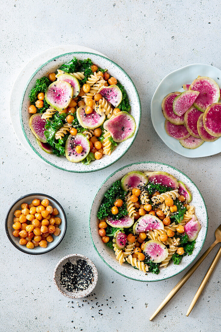 Watermelon radish pasta salad