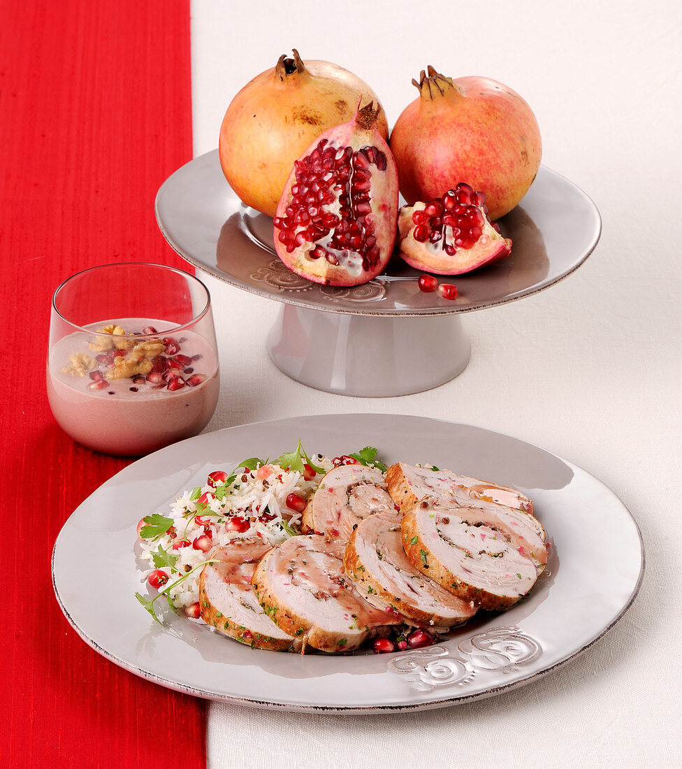 Turkey roulade roast and walnut and pomegranate cream