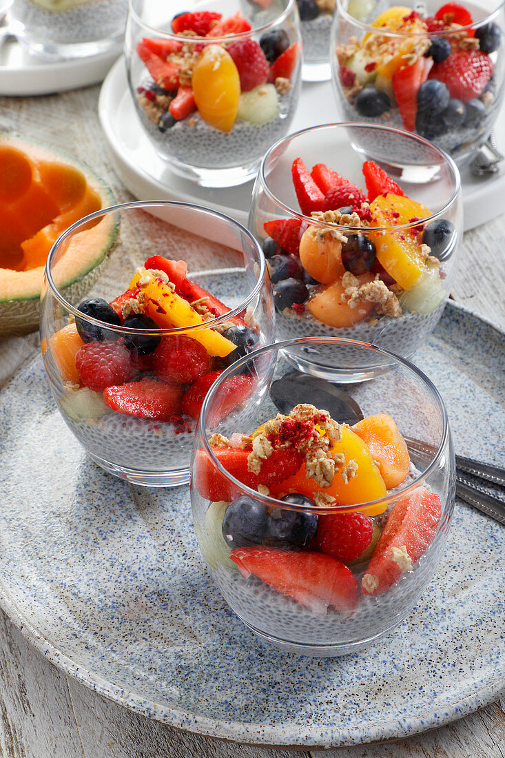 Dessert with chia and fresh fruit (strawberry, melon, blueberry, peach)