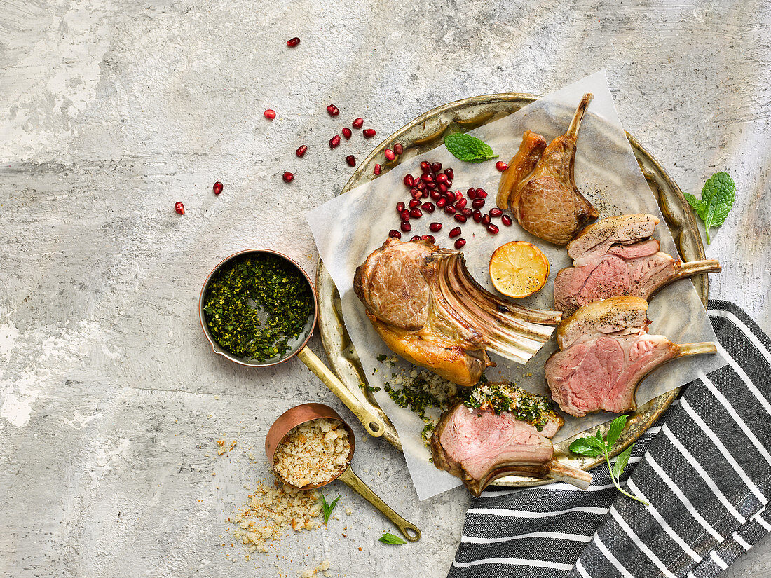 Roast Lamb Rack with Herb Sauce and Promegranate