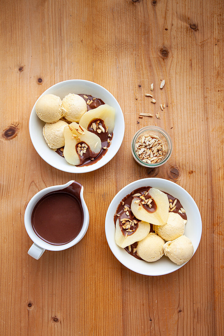 Poached pears with vanilla ice cream
