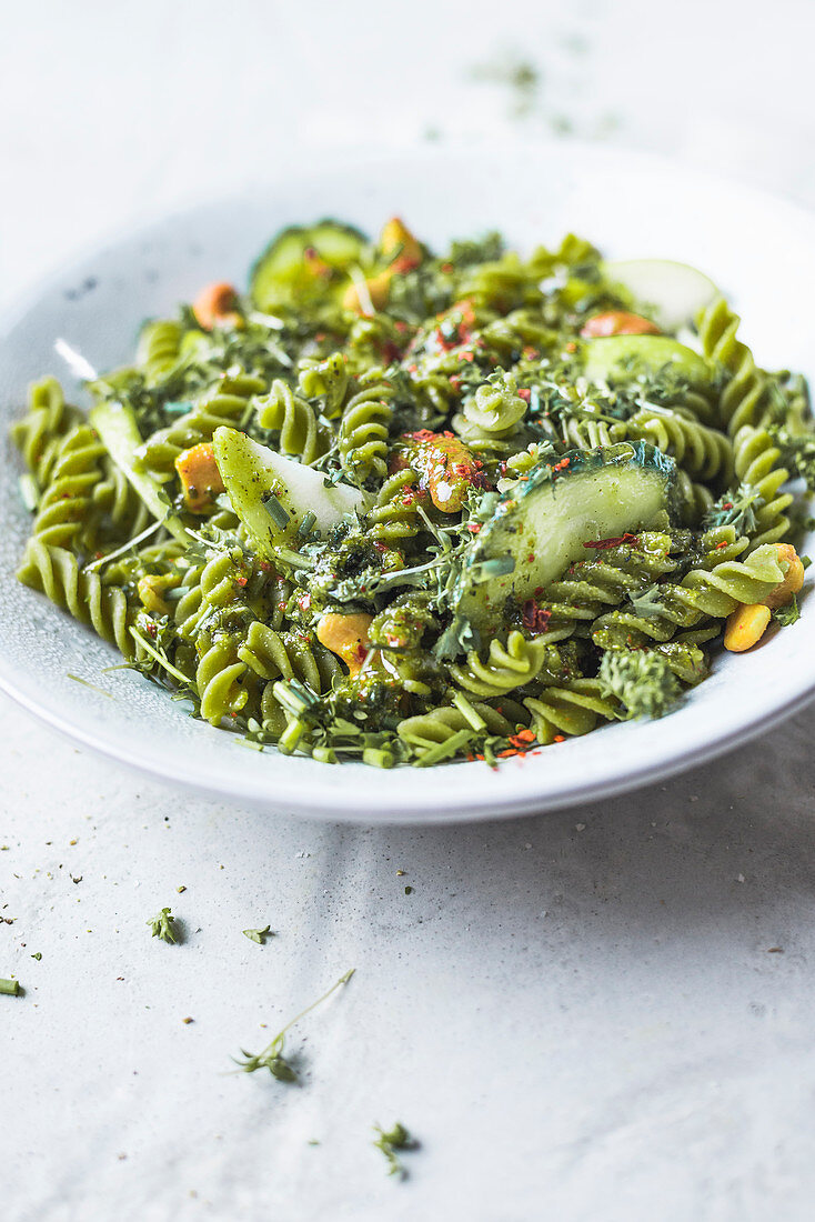 Green fusilli with herb mustard sauce