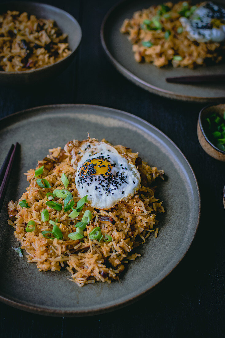 Fried rice with smoked tofu mushrooms, kimchi and fried egg