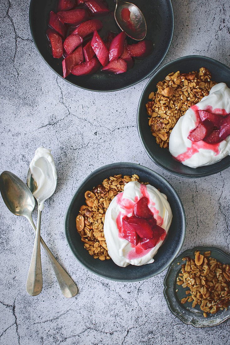 Granola with whipped cream and caramelized rhubarb