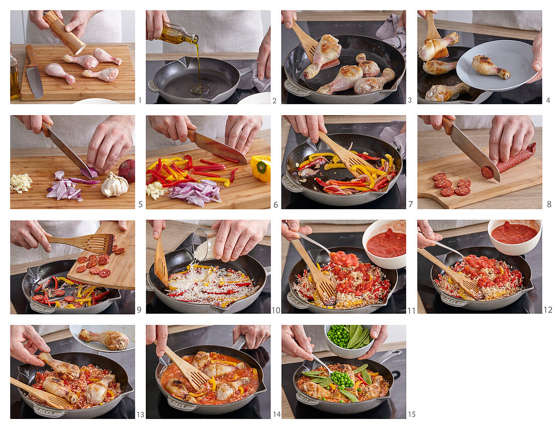 Paella mit Hähnchen und Chorizo zubereiten