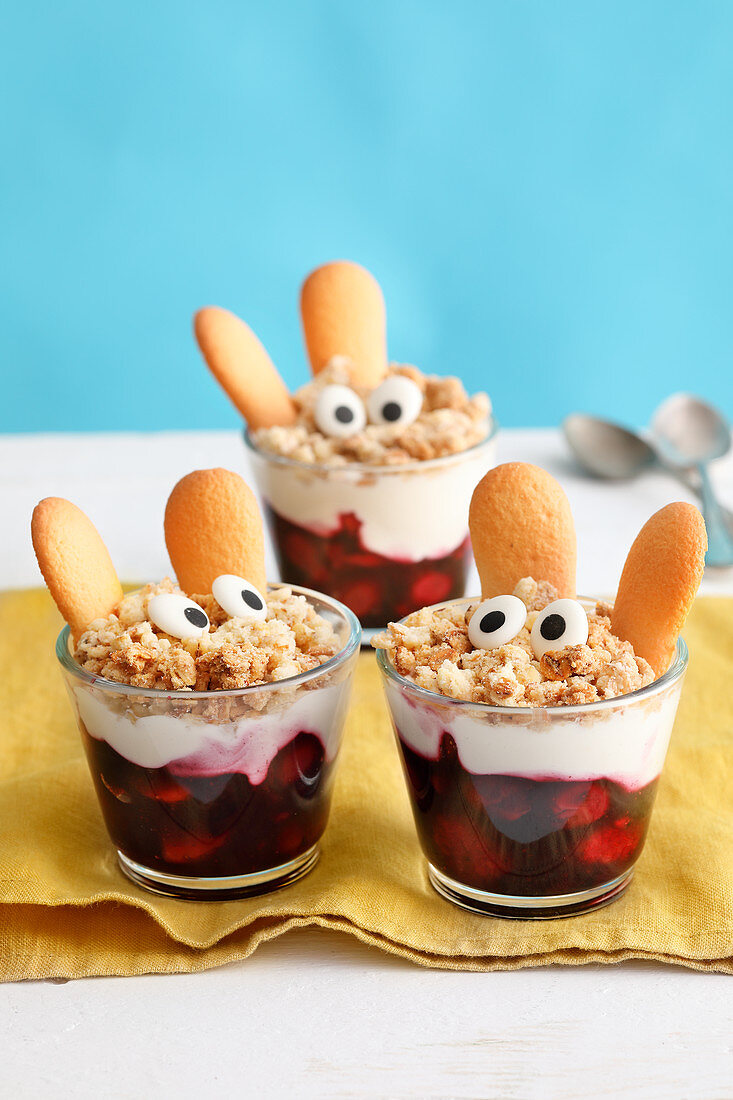 Layered berry parfait with Easter bunny crumble
