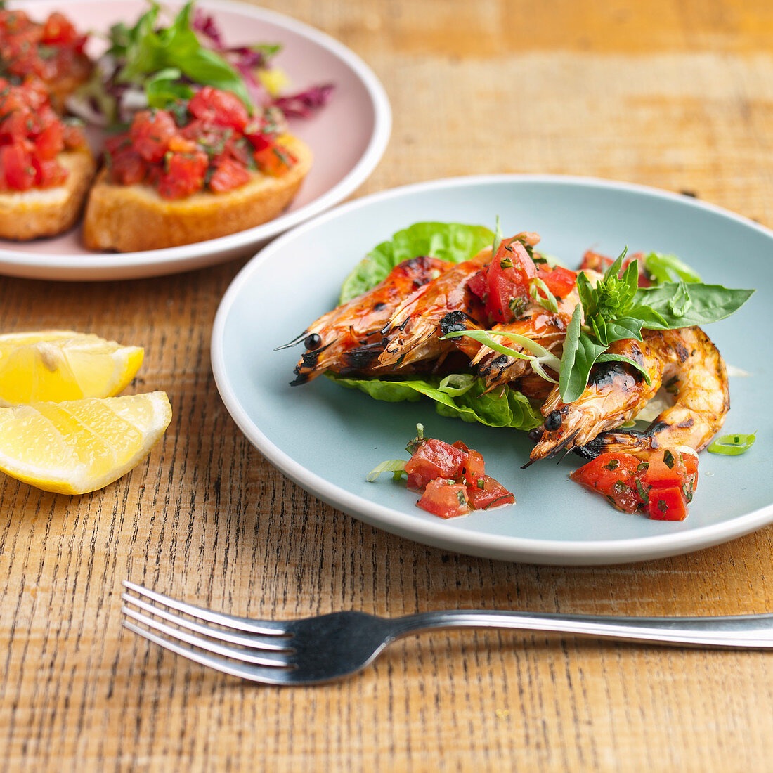 King prawn salad with lettuce and tomato salsa
