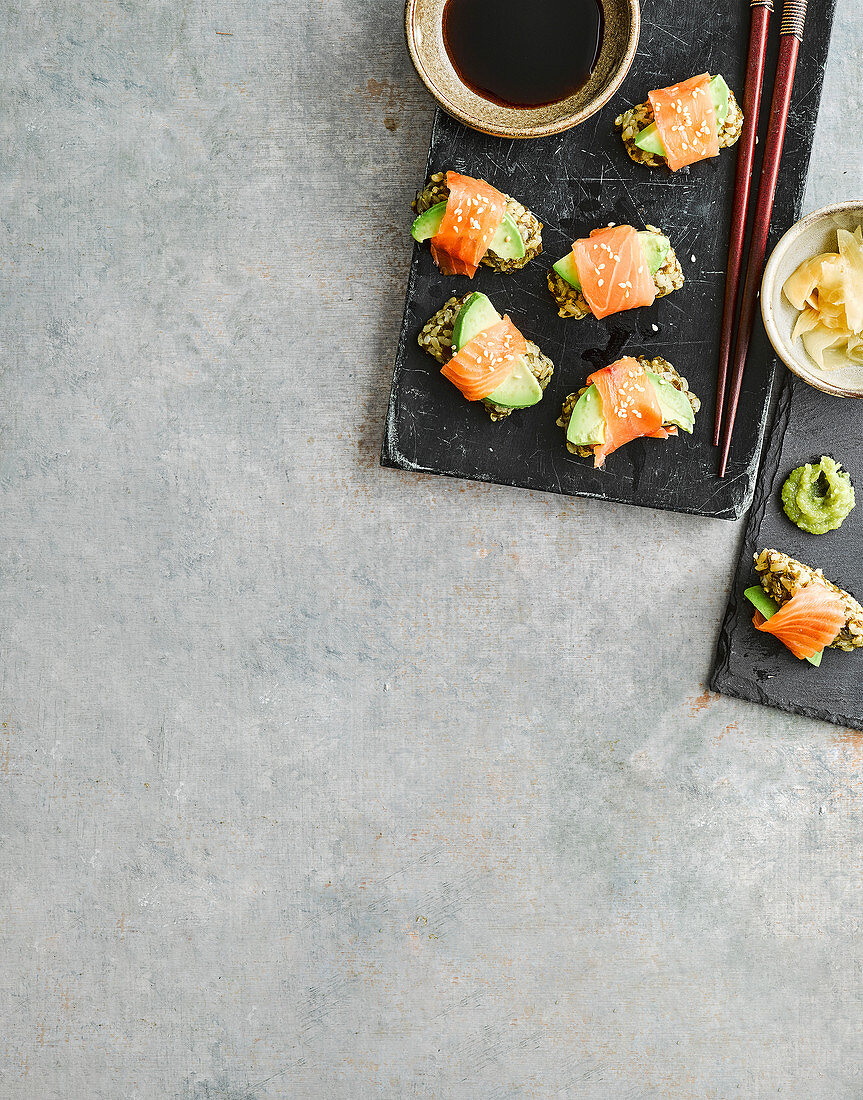 Kelp and smoked salmon sushi-style rolls