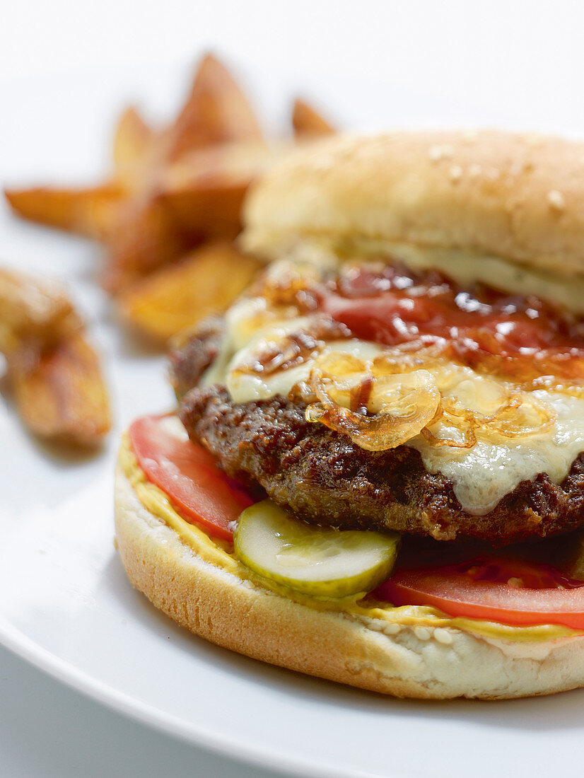 Lemmy Burger mit Whisky-Zwiebeln und Country Potatoes